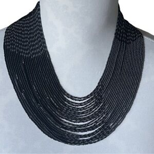 Black & Gray Multi-Strand Seed Bead Bib Statement Necklace